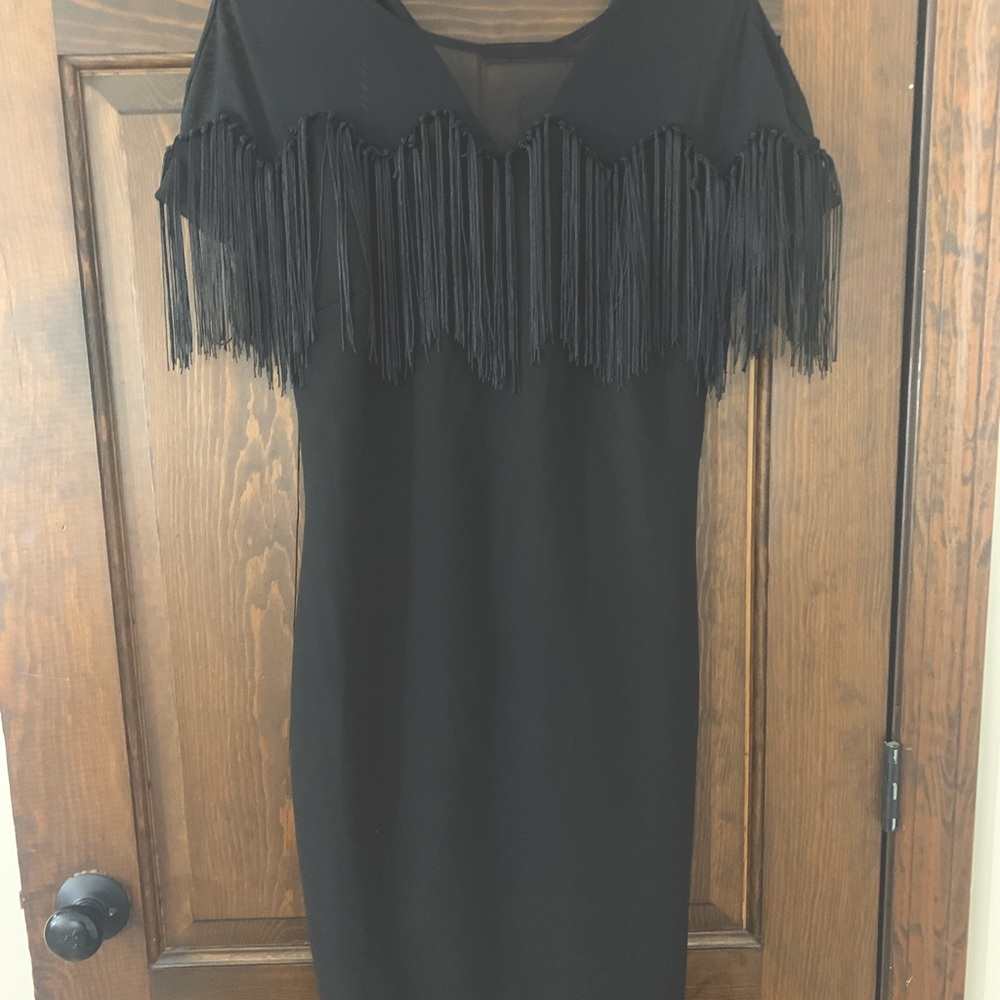 Cocktail dress with fringe and see thru top worn once